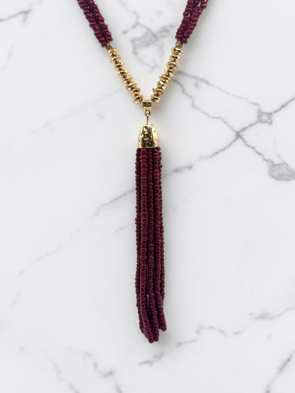 Burgundy and Gold Beaded Tassel Necklace